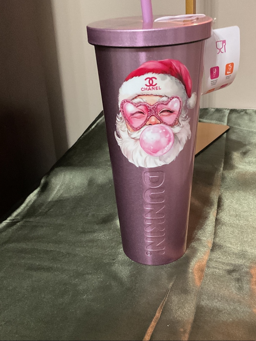 Duncan Doughnuts Metallic Pink Holiday Santa Tumbler with Straw